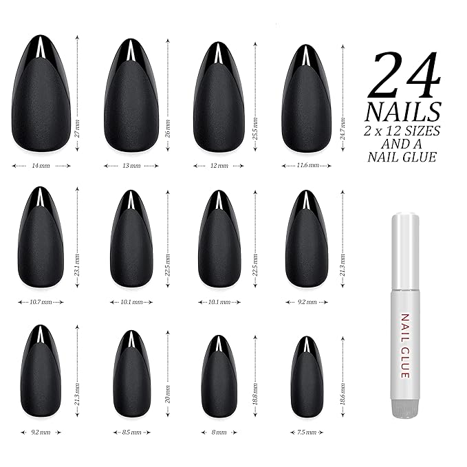 Hypnaughty 24 Pcs Caviar Almond Black Matte Press On Nails with Glossy Black French Tip and Glue Medium Long Pointed Oval False Nails (Caviar)