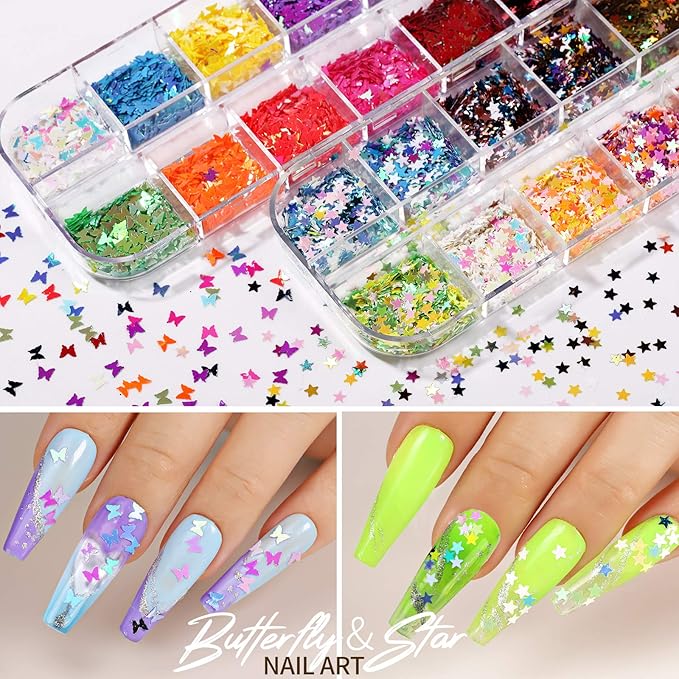 Teenitor 12 Sheets Nail Art Sticker 3D Self-Adhesive, Nail Art Decoration with 5 Boxes Holographic Glitter Flakes Butterfly Heart Star Maple Leaf Nail Sequins and Flower Slices