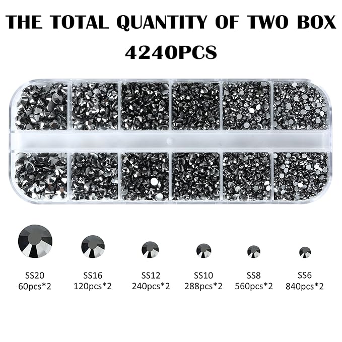 4240Pcs Jet Hematite Flatback Rhinestones 6 Sizes Crystal Diamonds for Nail Art Crafts Clothes Shoes with Tweezers and Picking Pen