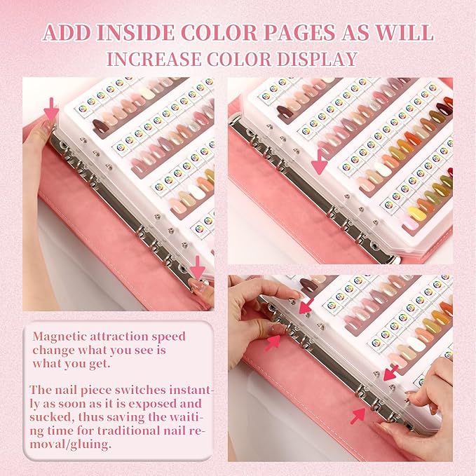 ANGNYA Magnetic Nail Swatch Book, 192 Nail Color Book Leather Nail Sample Display Book with192 Magnetic Tips&1-240 Number Labels, Perfect for Professional Salon Nail Art Color Chart & Practice Stand