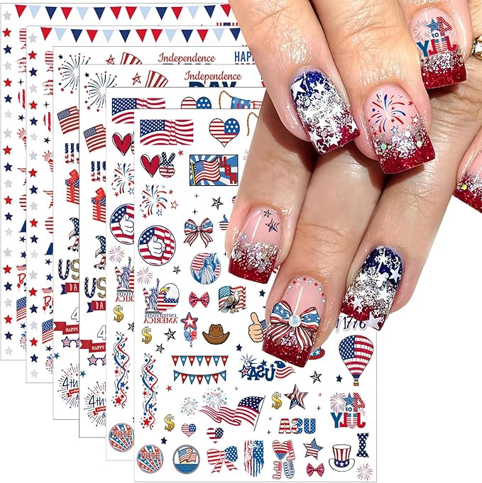 6pcs 4th of July Nail Stickers 3D Nail Decals Independence Day Nail Art Sticker for USA Flags Heart Star Stripe Letters Fireworks Nails Design Adhesive Sticker Patriotic Manicure Decorations for Women