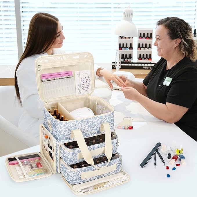 Relavel Nail Polish Organizer, Nail Bag Holds 80 to 100+ Bottles (15ml/0.5fl.oz) Nail Lamp, Nail Supplies Kit Gels Polish Storage Case with 2 Removable Pouches for Manicure Nail Tech Gifts (Floral)