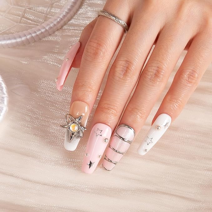 LOVFUL Press on Nails Stargaze | Handmade with Full Covered Crystals | Reusable Full Cover Nails | Coffin Classic Regular 1.3 in | H300-L