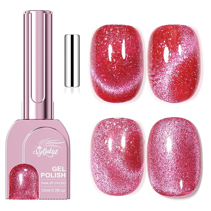 Ruby Pink Cat Eye Gel Nail Polish with Magnetic Stick - 12ML Glitter Magnetic Nail Polish for Multiple 3D Effects, Soak Off UV LED Gel Polish for DIY Manicure Salon Gifts for Women