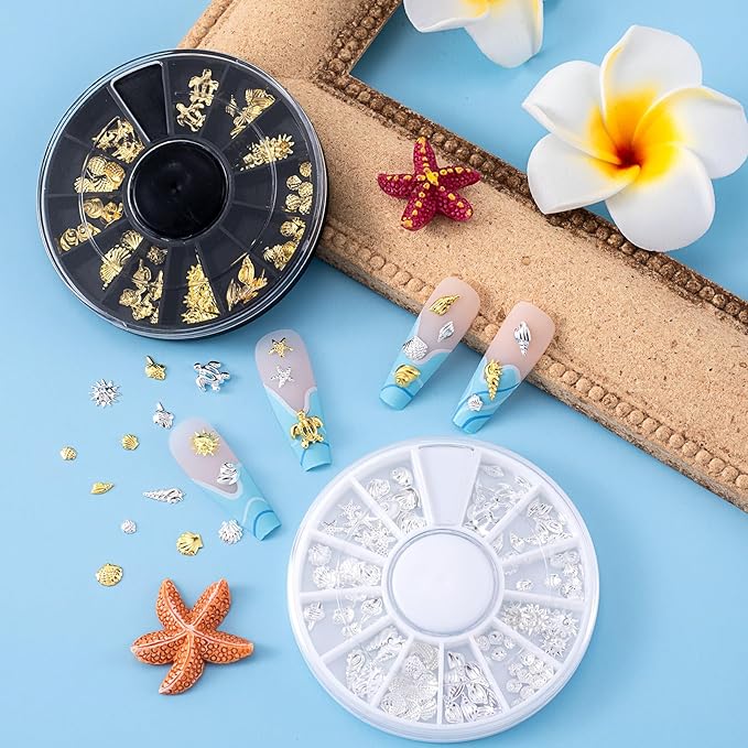 2 Disc Ocean Nail Art Charms, Beach Starfish Sea Seashell Nail Decal, Alloy 3D Gems Jewelry Decoration Supplies for Manicure DIY Embellishments 12 Style- Silver & Gold