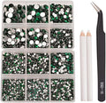 NCB 8000pcs Non Hotfix Rhinestones 10 Sizes Flatback Crystal Glass Rhinestones with Tweezers and Picking Pen for Nail Art Clothes Bags Phone Decorations Crafts DIY (010 Emerald Mix SS3-SS30)