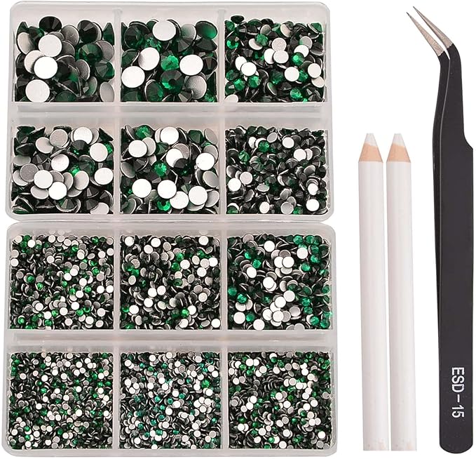 NCB 8000pcs Non Hotfix Rhinestones 10 Sizes Flatback Crystal Glass Rhinestones with Tweezers and Picking Pen for Nail Art Clothes Bags Phone Decorations Crafts DIY (010 Emerald Mix SS3-SS30)
