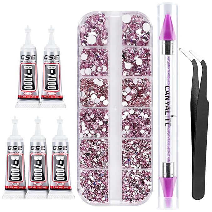 Canvalite 1500PCS Pink Rhinestones Flat Back Gems, Nail Rhinestones Nail Art Gems with Pick Up Tweezers and Rhinestone Picker Dotting Pen, Nail Art Tools for Nails, Clothes, Face, Craft
