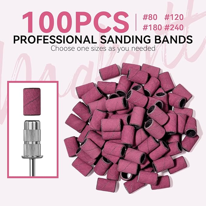 Makartt Sanding Bands for Nail Drill - 100 Pcs Nail File Sanding Bands for Drill Bits #180 Medium Grits for Acrylic Nails Gel Removing and Shaping, Upgrade Thicker Durable Sanding Drill Bit, Pink