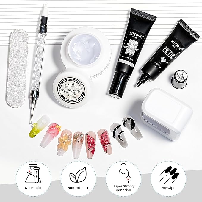 MIZHSE Solid Builder Nail Gel 3D Nail Gel and Rhinestone Glue for Nails Kit, Clear Sculpting Hard Carving Gels Builder Modeling Gels, No Wipe Kit Soak Off U V LED Nails Art Manicure Home