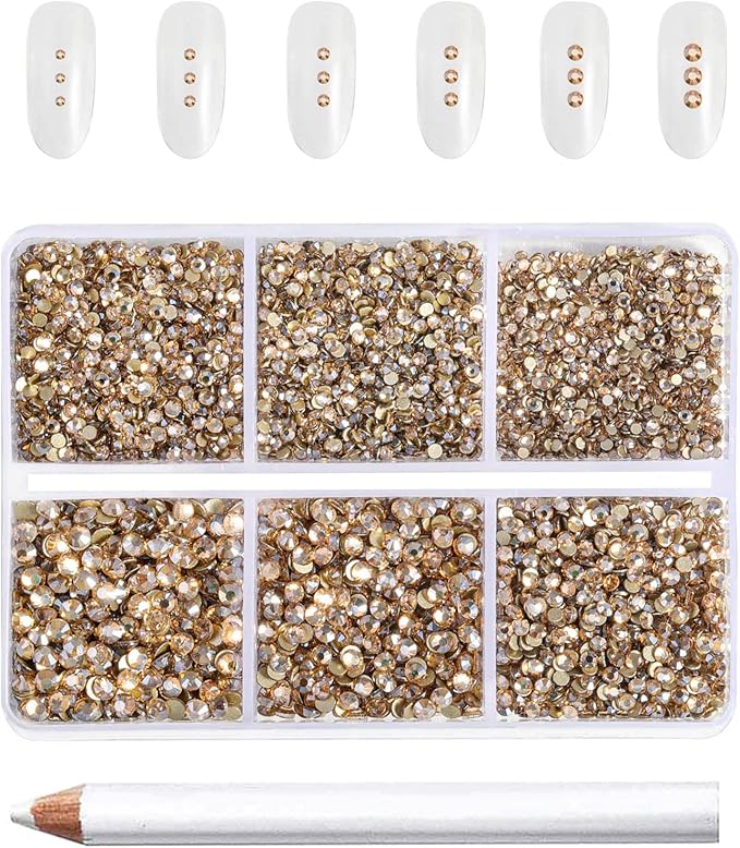 Beadsland 7200pcs Flatback Rhinestones,Gold Rhinestone Nail Gems Round Crystal Rhinestones for Crafts,Mixed 6 Sizes with Wax Pencil Kit, SS3-SS10,Golden Shadow