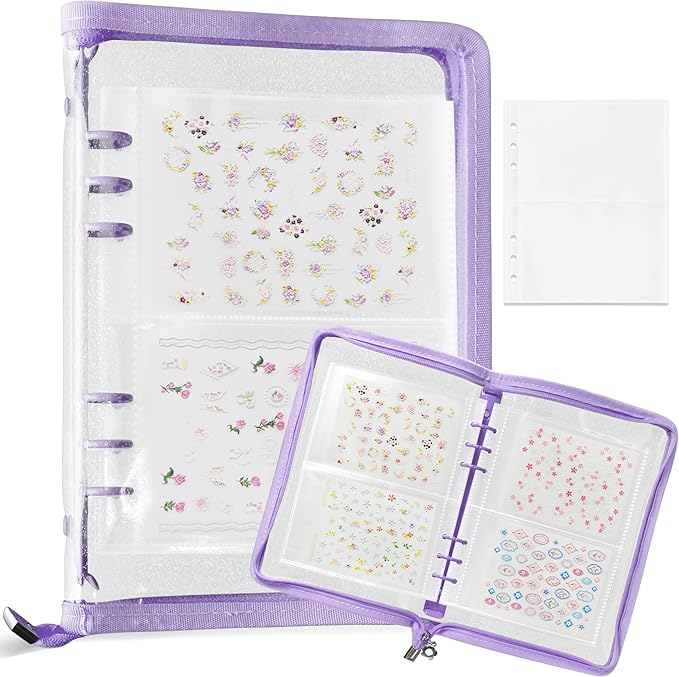 Nail Sticker Book Nail Art Organizer Display 40 Slots Sticker Storage Organizer Binder Empty Stickers Holder DIY Design Tools (purple)
