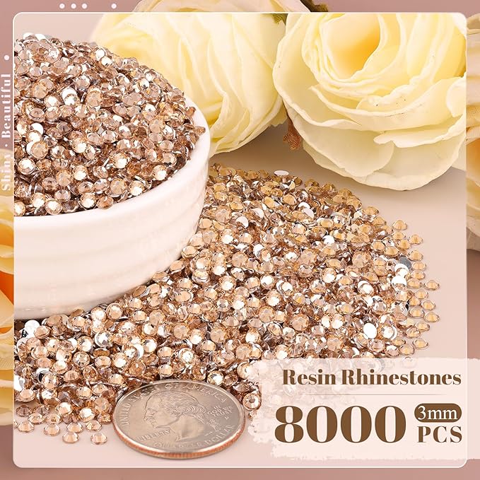 8000PCS 3mm Resin Rhinestones Bulk for Crafting (Champagne), Flatback Bedazzling Crystals for Crafts DIY Nail Decoration, Gems Charms for Tumbler Shoes Clothing Fabric with Pickup Pen and Tweezers