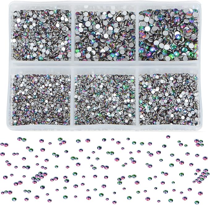 Bymitel 7200 Pieces 6 Mixed Sizes Glue Fix on Glass Rhinestones Round Crystal Gems Flatback for DIY Jewelry Making with one Picking Pen(6-Sizes 7200PCS, Green Volcanic)