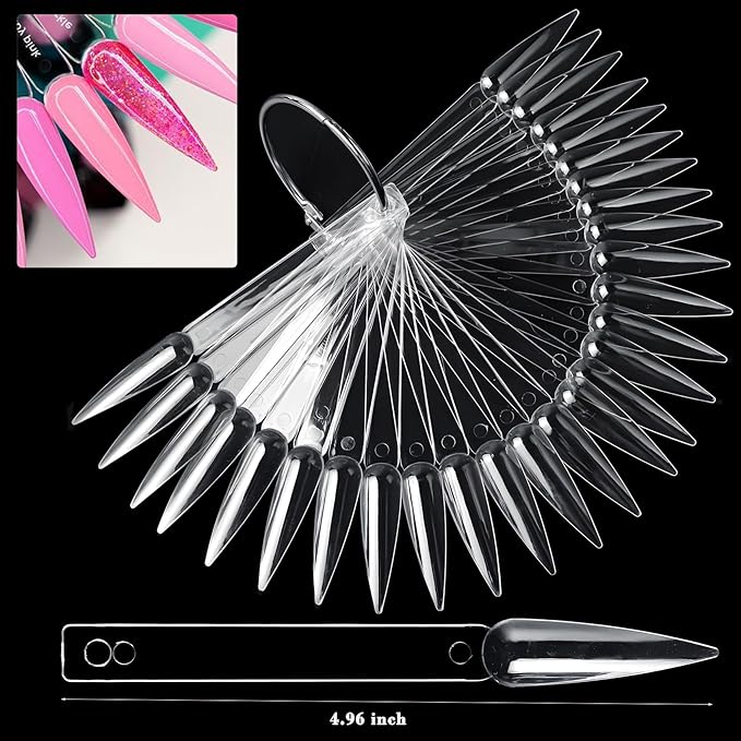 LoveOurHome 150PC Stiletto Nail Swatch Sticks Clear Practice Nail Tips Fan Cards Nail Art Display Board Nail Polish Color Swatches Sticks Tips Sample Tester Nail Skill Practice Tools Kit with Ring