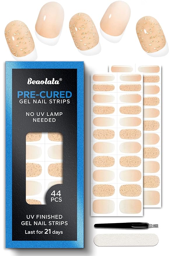 Pre Cured Gel Nail Strips - 44PCS Salon Quality Gel Nail Stickers - Long Lasting Polish Wraps for Women no UV Light Needed Easy Apply & Remove (Crush Gold）