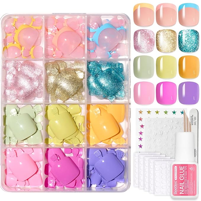 Beetles Press On ToeNails Kit - Glitz Spectrum | 288Pcs 12 Colors Short Square Press On Nails | 15 Sizes French Glossy Glitter With Nail Glue & Nail Tabs Stickers, Fake Nails Kit Art For Women