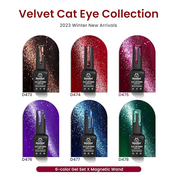 Beetles Cat Eye Gel Nail Polish Set 6 Colors, Glitter Red Shiny Burgundy Purple Magnetic Effect with Beetles 6 Colors Cat Eye Purple Pink Gel Nail Polish Set with Magnet and Double-ended Pen