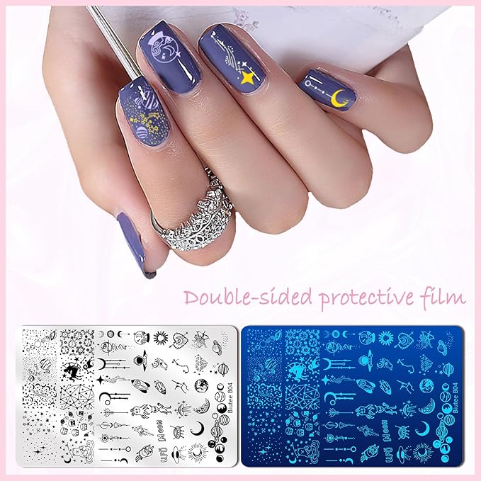Biutee 4PCS Nail Stamping Plates Set, Includes Nail Art Stamper & Scraper - French Line Lace, Space, Animal, Flower, Leaf Designs - Large Nail Art Stencils Templates for DIY Manicure
