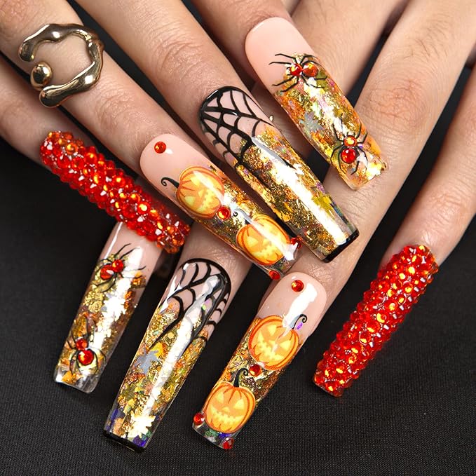 Lovful Halloween Press On Nails Pumpkin Party | Mid Length Handmade Acrylic Press ons | Reusable Fake False Nails | Square Mid length 1.7in | H661-M