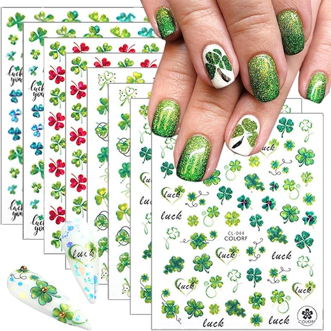 8 Sheets Laser St. Patrick's Day Nail Art Stickers 3D Holographic Glitter Shamrock Nail Stickers Self-Adhesive Luck Clover of Irish Nail Decorations Spring Summer Nails Supplies for Women Holiday DIY