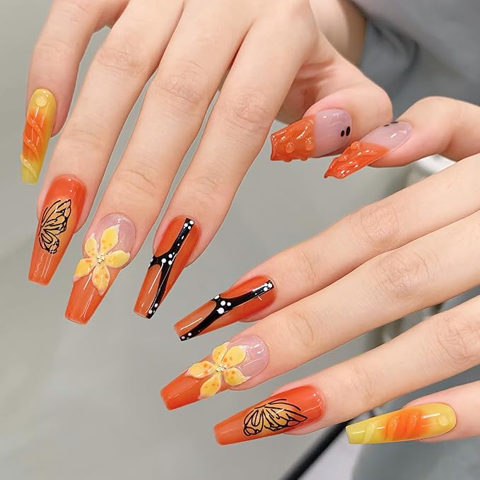 Long Coffin Press On Nails - 3D Flowers Orange Design Hand-Painted Butterflies French Tip Acrylic Nail for Women (Mango Sago,M)