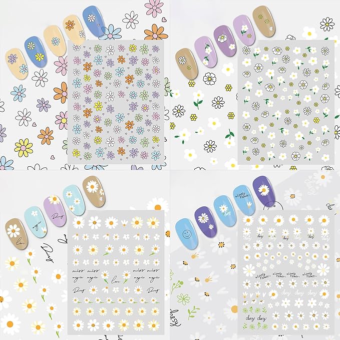 6 Sheets Daisy Nail Art Stickers, Charming Flower Chrysanthemum 3D Trendy Design Self-Adhesive Spring Nail Art Decals, DIY Manicure Decoration Supplies Accessories for Women Girls