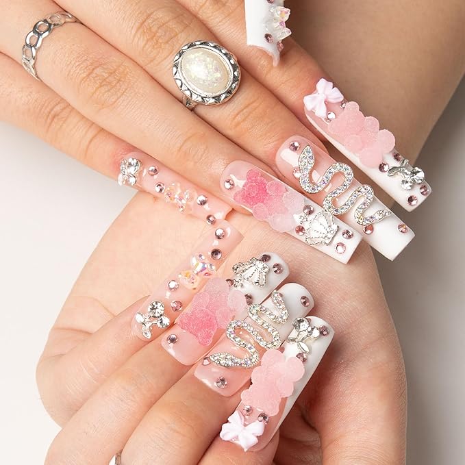 LOVFUL Press on Nails Gummy Bear Glam | Handmade with Full Covered Crystals | Reusable Fake Nails | Square Mid length 1.7in | H26-L