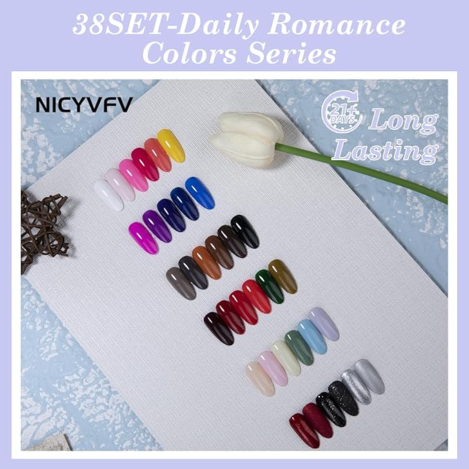 38 PCS Gel Nail Set, 32 Colors Gel Polish Set Red Blue Green Purple Pastel Brown Shades, with Gold Silver Glitter and Glossy Matte Top Coat, Base Coat Builder gel, for Women Gift Kit