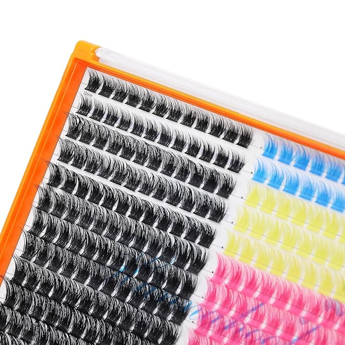 28Rows,wholesale Pack Mixed Black and Colorful Wide Stem Cluster Eyelashes Kit 2 in 1 Bond&Seal+ 1pcs Tweezer Grafting D Curl Individual False Eyelashes Home DIY Eye Lash(Color-C10-12-14-16-18MM MIX)