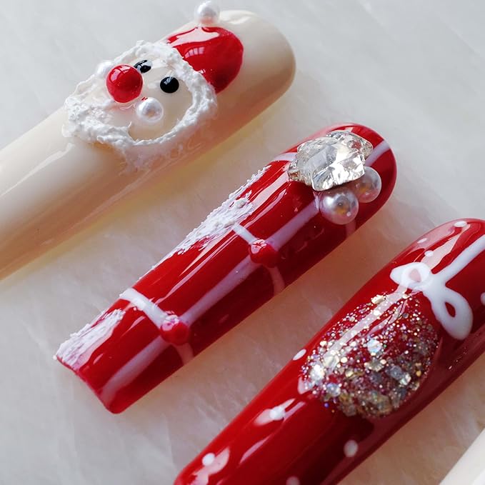 Christmas Press-On Nails, Long Coffin Shape, Red and White Holiday Design with Snowman and Bows, 10 Pieces (XS, LS)