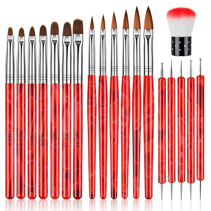 TOROKOM 19Pcs Nail Art Brush Set - Acrylic & Gel Application Kit with Dust Brush for Home Salon - Beginner Friendly (Red)