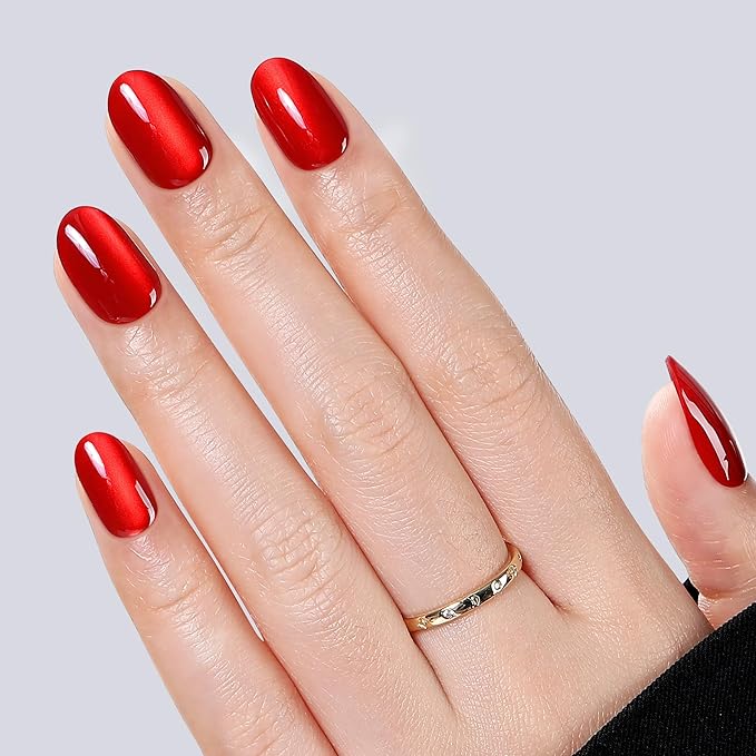 UNA GELLA 32Pcs Soft Gel Press on Nails - 16 Sizes Red Cat Eye Oval Round Glue on Nails, Reusable Glitter Velvet False Nails, Full Cover Acrylic Nail Kit for Women DIY Home Manicure