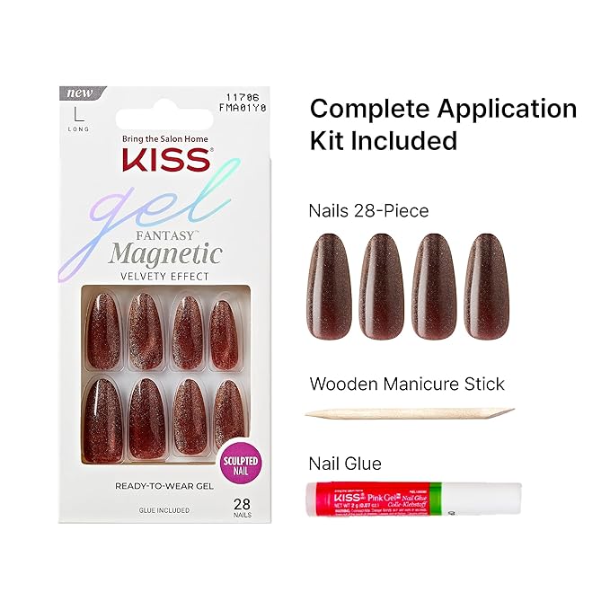 KISS Gel Fantasy 28 Pcs Press On Nails, Long Almond Fake Nails, Brown Magnetic Cat Eye Polish Stick On Extensions, Reusable Velvet Full Cover Kit with Glue, Manicure Stick & File, Wear for 7 Days