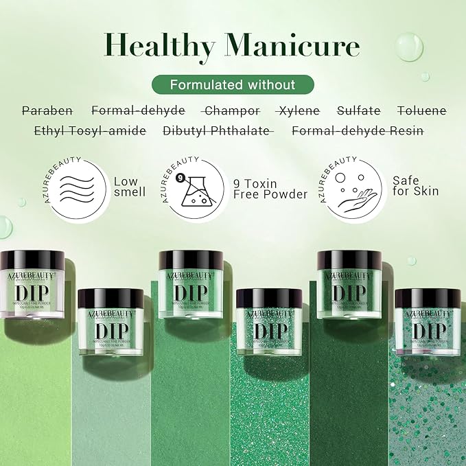 AZUREBEAUTY Dip Powder Nail Kit,St. Patrick's 6 Colors Glitter Green Forest,Dipping Powder Color French Nail Art Manicure DIY Salon Gifts for Women, No Need Nail Lamp Cured
