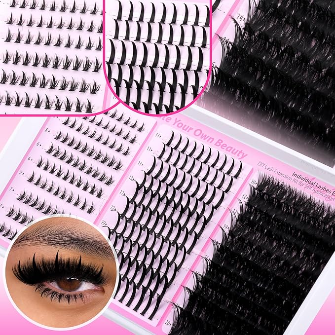 wiwoseo Fluffy Lash Clusters with Spikes Lash Clusters Kit Volume Lash Spikes Cluster Eyelash Extensions Kit 200D Fluffy Eyelash Clusters Spiky Bottom Cluster Lashes Clusters with Lash Bond and Seal