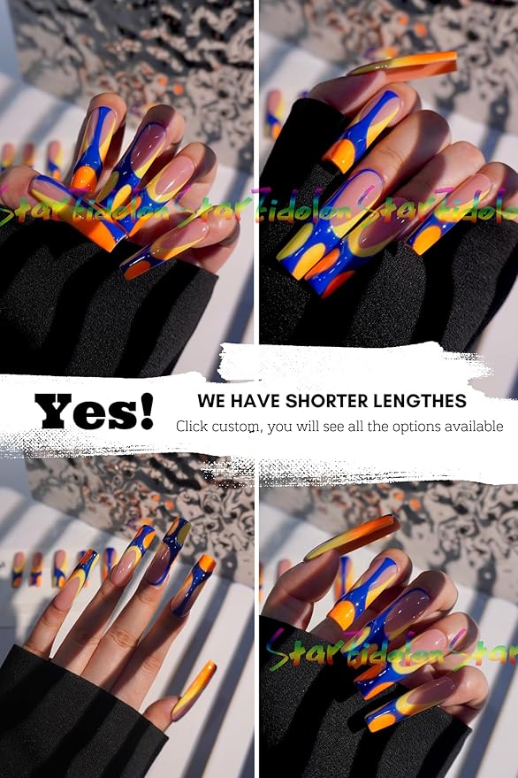 HAND-PAINTED White Press Ons Neon Small Press on Nails Long French Press on Nails Coffin Medium Short Nail art Fake Nail Art Kit with 7g Glue on Nails Handmade Almond Square Nails (TJ-10, Small)