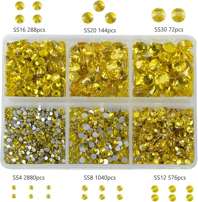 Bymitel 5000 Pieces 6 Mixed Sizes Glue Fix on Glass Rhinestones Round Crystal Gems Flatback for DIY Jewelry Making with one Picking Pen (6-Sizes 5000PCS, Citrine)