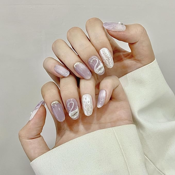 Handmade Press on Nails,Reusable False nails,Acrylic Fake Nails Kit,Luxury glitter pearl purple white silver rhinestone Design Nail Art Kit,Include Toolkit,10pcs,Size L，#1991