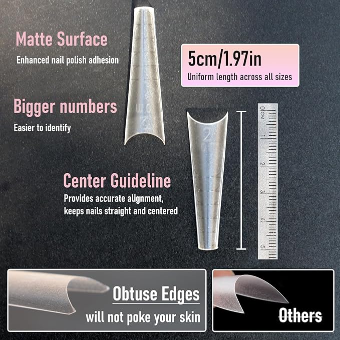 5cm Shallow Cover Nail Tips, D-Arc at the Stress Area, C-Arc Sculpted, Straight Coffin Shape, Can be Filed into Almond Shape, 150Pcs 15 Sizes with Auxiliary Lines