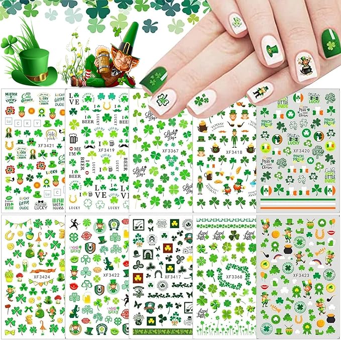 10 Sheets St Patrick’s Day Nail Art Stickers 3D Self-Adhesive Shamrock Nail Decals Green Clover Gold Hat Letters Nail Art Design Irish Nail Stickers for Women Kids Girls Nail Supplies Decorations