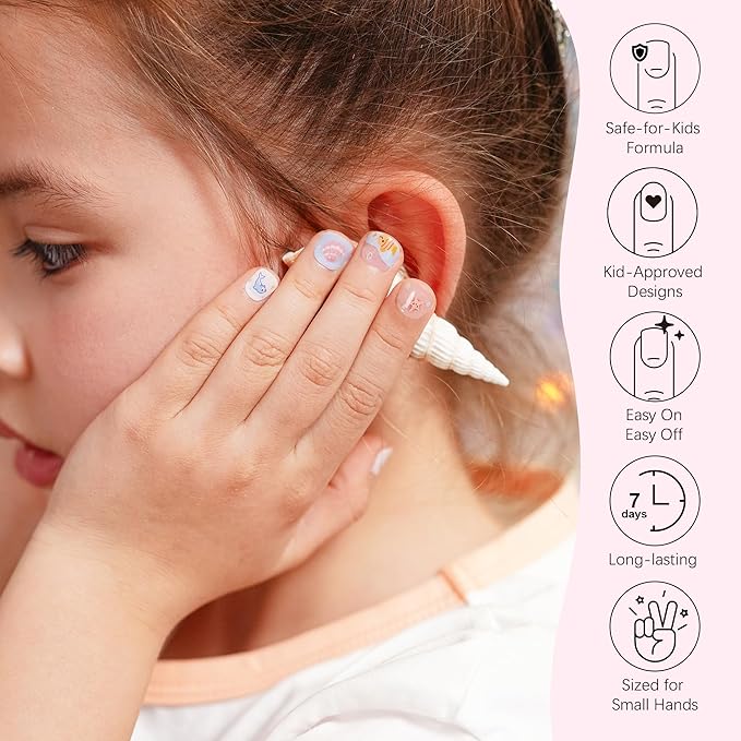 DANNI & TONI Kids Gel Nail Strips Ocean Dolphin Starfish Seashell Salon-Quality Peel & Stick Manicure for Children (Age 6+)– Safe, Long-Lasting, Easy to Apply | Ocean Spark