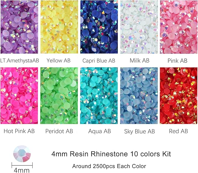 10 Colors 4mm Resin Flatback Rhinestones Kit，Mixed Color SS16 Flatback Jelly Rhinestones with Pick Up Pen and Tray for Nails, Tumblers, Mugs, Bottles, Craft Decoration