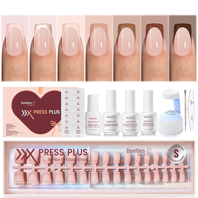 Beetles Pess On Nails Kit-Mocca Mousse French | 7 Colors Short Square French Tip Press On Nails | 224Pcs 16 Sizes All-in-One Kit Winter Nails With Nail Glue,Remover,Builder Top Coat,Nail Lamp