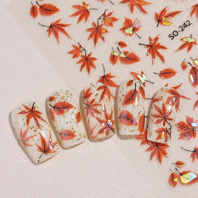2 Sheets Fall Series Nail Stickers Maple Leaves Nail Art Stickers Autumn Iridescent Nail Decals with Orange Maple Leaves Designs Holographic DIY Self-Adhesive Nail Art Supplies