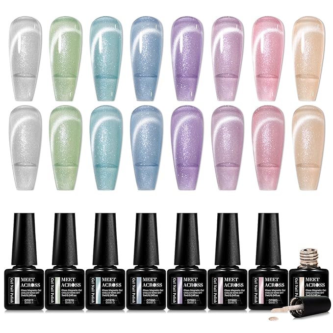 MEET ACROSS Jelly Glitter Cat Eye Gel Nail Polish Set 12PCS, Glass Fairyland Magnetic Nail Polish Translucent Pink Blue Green Purple Shimmer Sheer Gel Polish with Magnet Nail DIY Art Salon