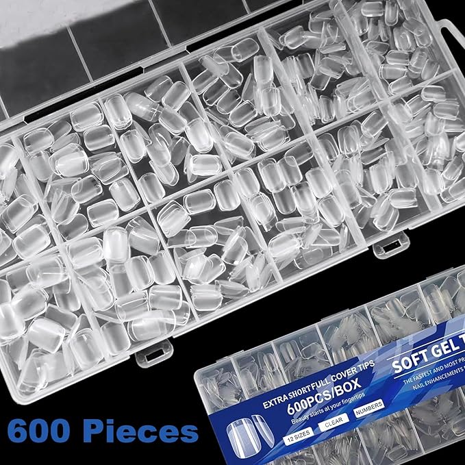 BlueZOO Soft Gel Nail Tips Extra Short Square Nails, 600Pcs Full Cover Half Matte Acrylic Nail Tips Clear Press On Nails for Extension Nail Manicure Home DIY Salon Fake Nails, 12 Sizes