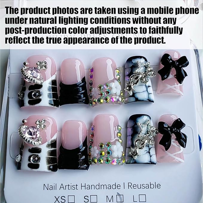 Handmade Press on Nails Duck Fake Nails Pink and Black Design with Rhinestones and Bow and Flower for Women 10pcs M Size Pattern 1101