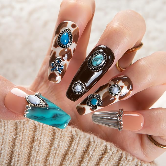 LOVFUL Short Press on Nails Cowgirl’s Dream | Handmade Acrylic Press ons | Reusable Fake False Nails | Coffin Classic Regular 1.3 in | H644-M