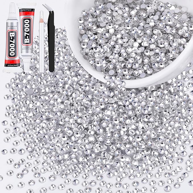5000PCS SS10/2.8mm Crystal Rhinestones (Clear) with 2Pcs 10ml B7000 Jewelry Glue, Bedazzling Flatback Glass Rhinestones for Crafting Decor, Gems Diomand Charms for Tumbler Shoes Clothing Mugs Nail Art